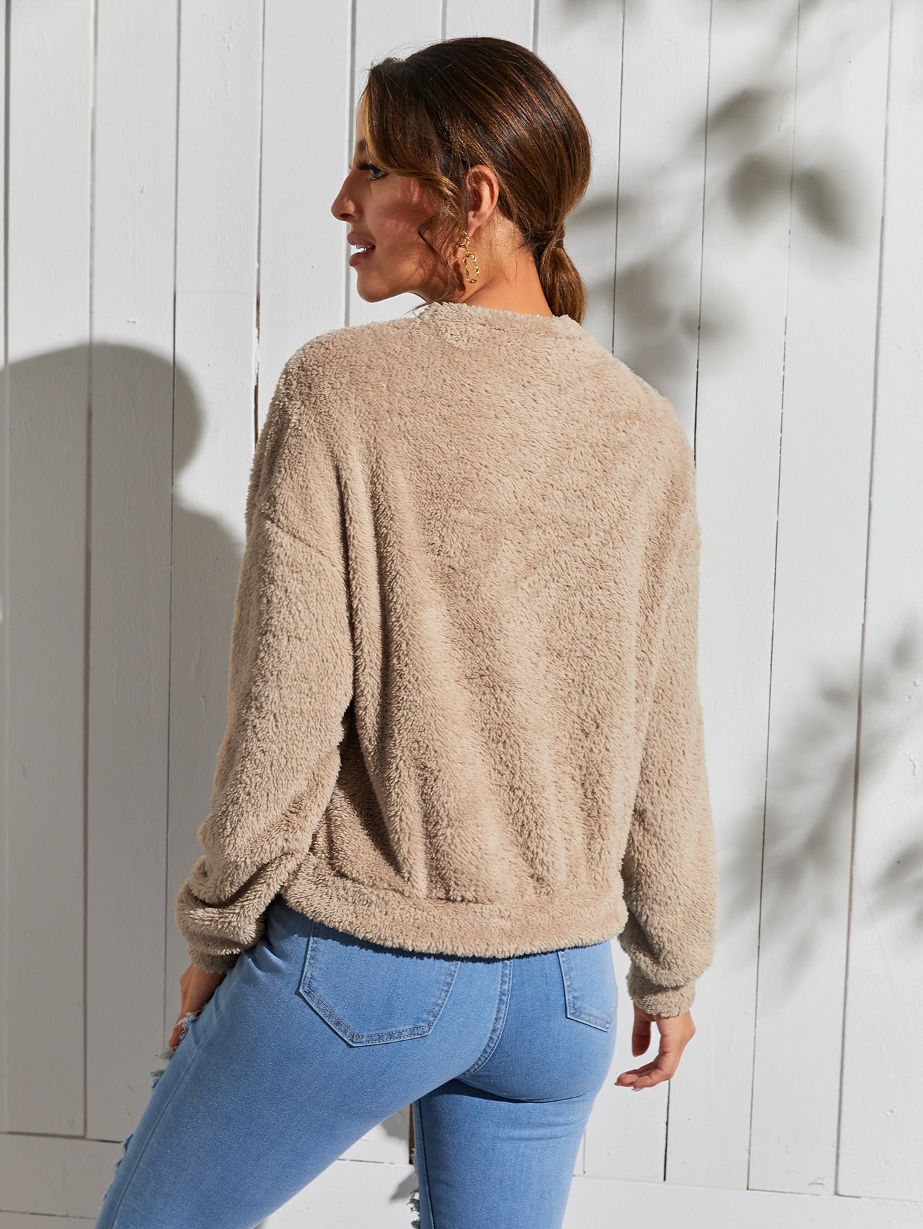 Cozy Fleece Brown Furr Women Crewneck Sweatshirt