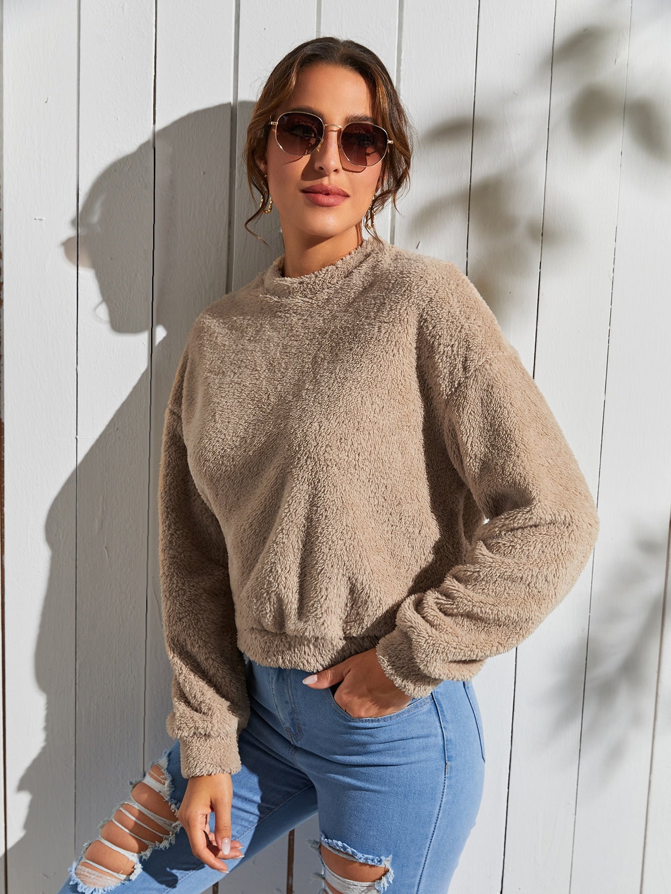 Cozy Fleece Brown Furr Women Crewneck Sweatshirt