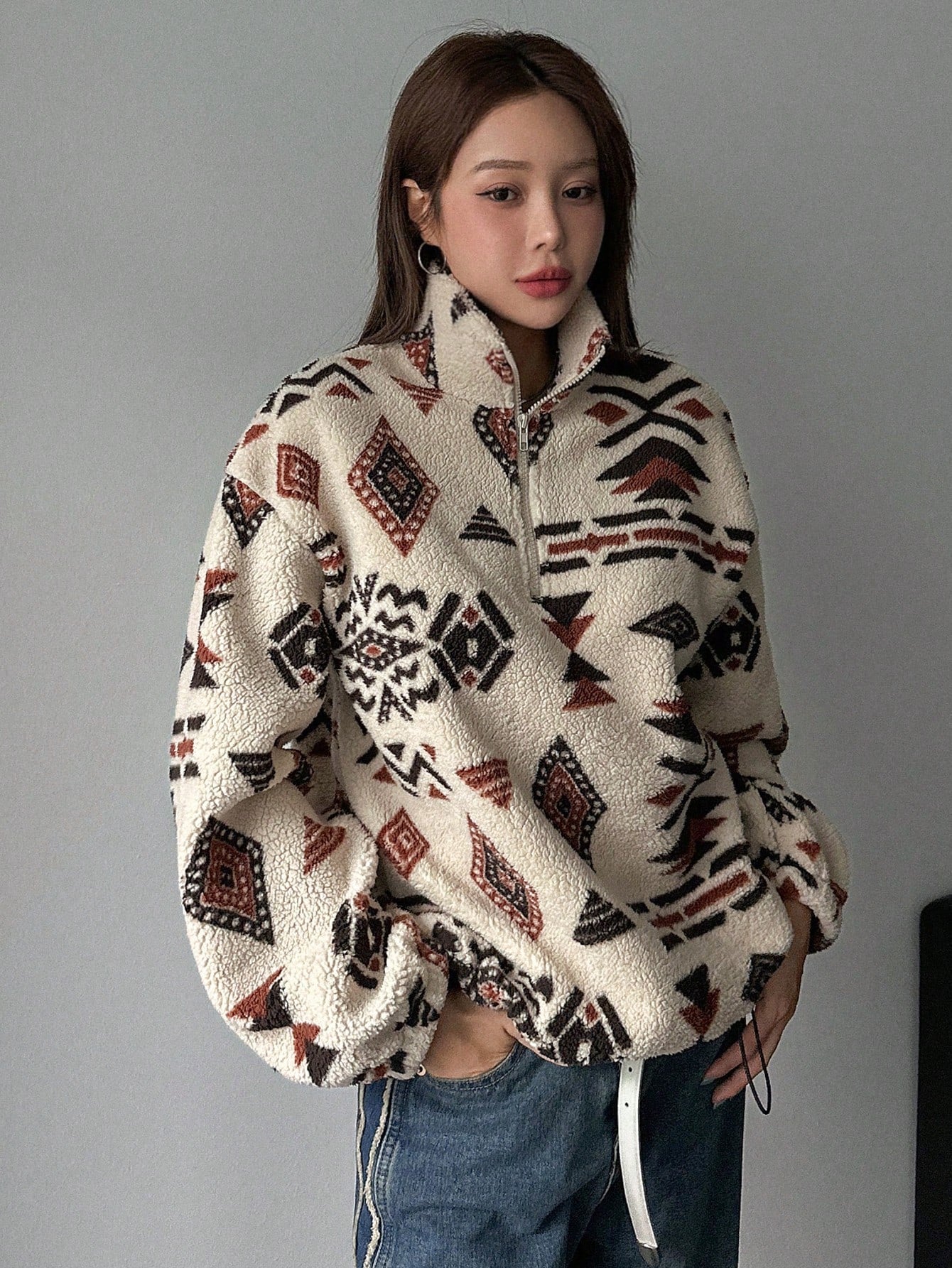Drop Shoulder Women Teddy Sweatshirt