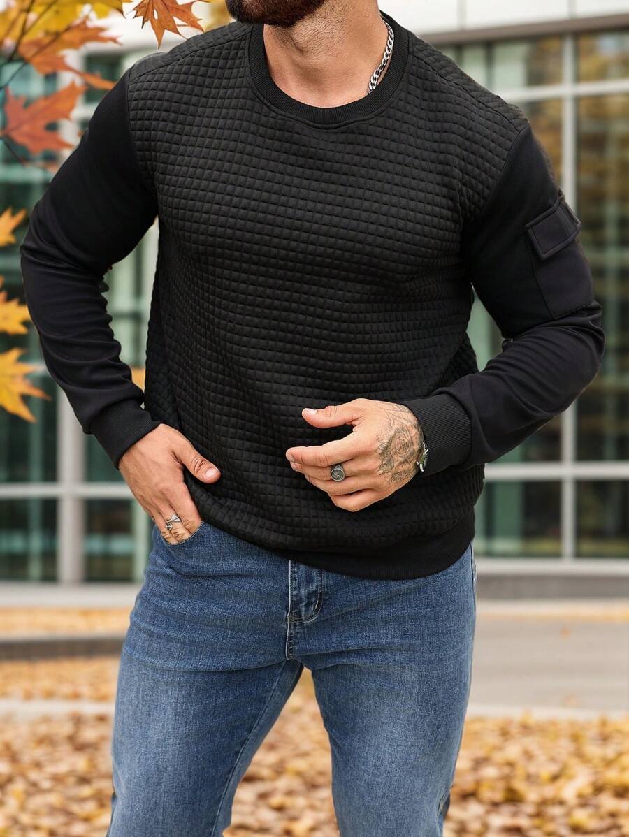 Men's Solid Color Round Neck Long Sleeve Casual Loose Pullover Sweatshirt