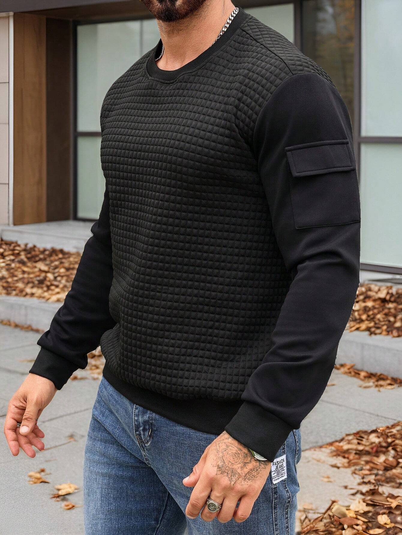 Men's Solid Color Round Neck Long Sleeve Casual Loose Pullover Sweatshirt